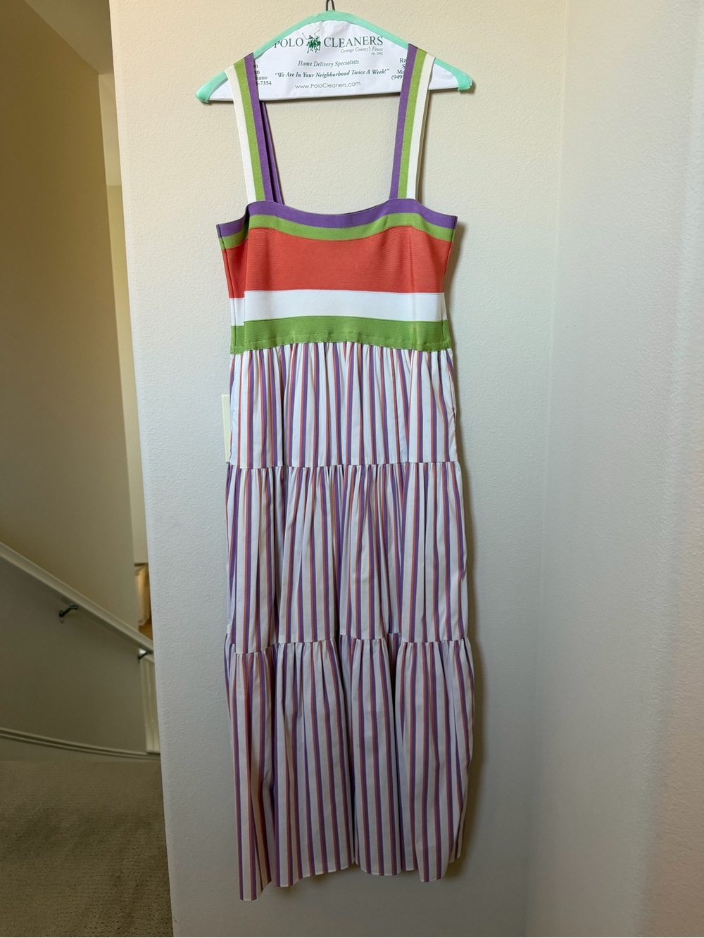 Tanya Taylor Coral, Purple & Green Striped Midi Dress - Claudia Dress